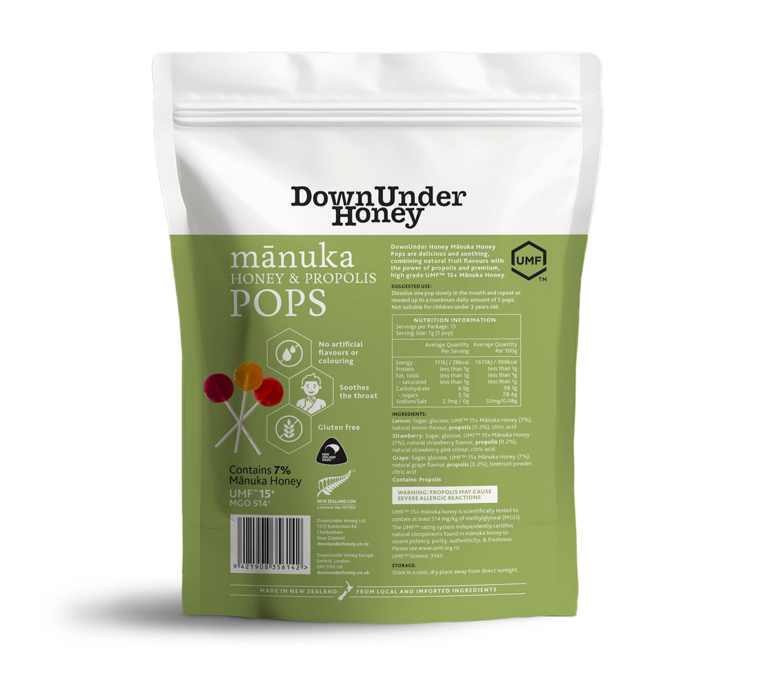 Manuka UMF 15+ Honey Pops, paquet de 15